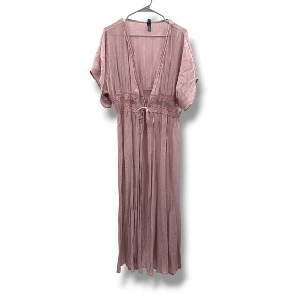 Alya Sweaters - Alya Duster Cardigan L/XL Dusty Rose Lace Trim Boho Open Front Maxi Kimono